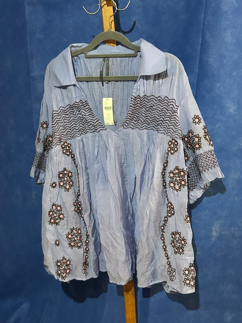 Anthropologie Light Blue Embroidered Floral Collared Tunic